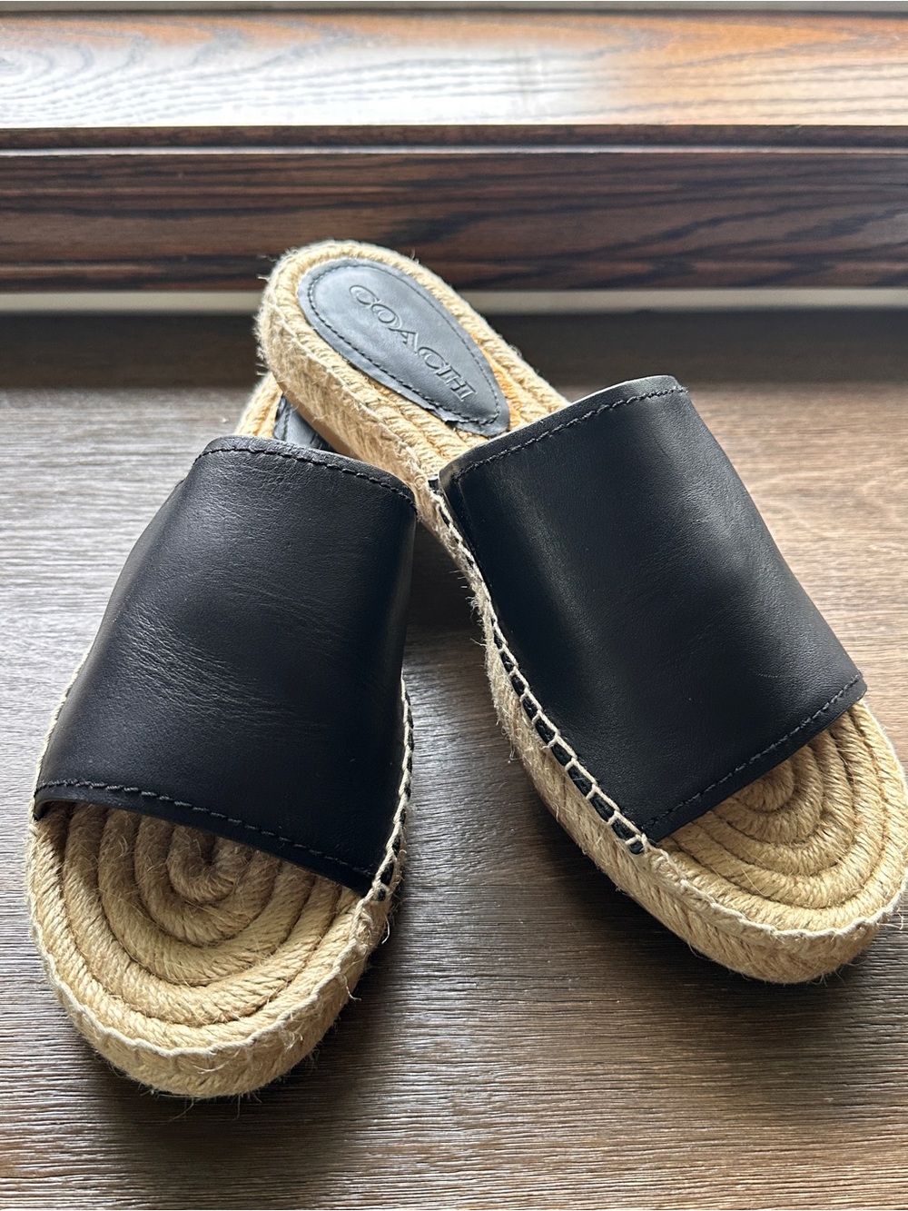 Coach Claudia Black Leather Slide Espadrille Open Toe Sandals Size 7.5 - Picture 2 of 9